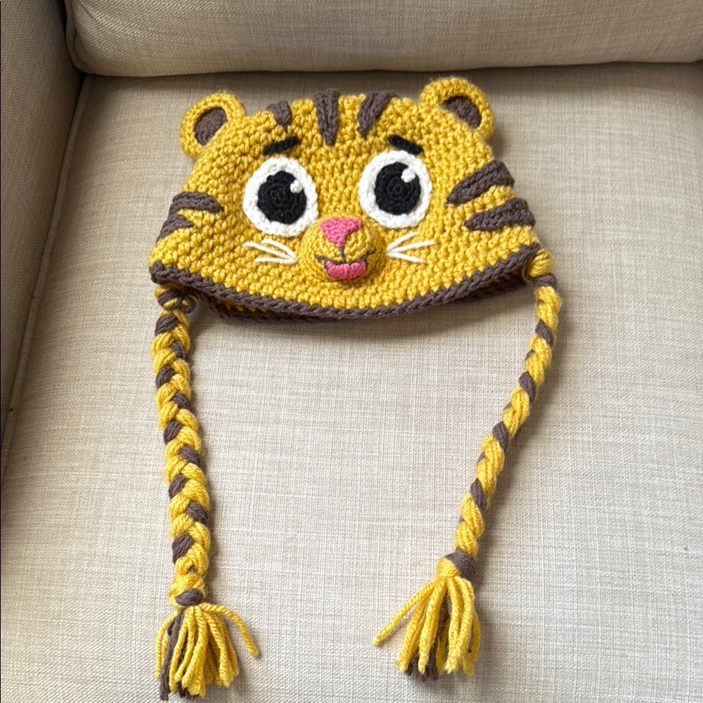 Yellow Tiger Knit Hat with Braids